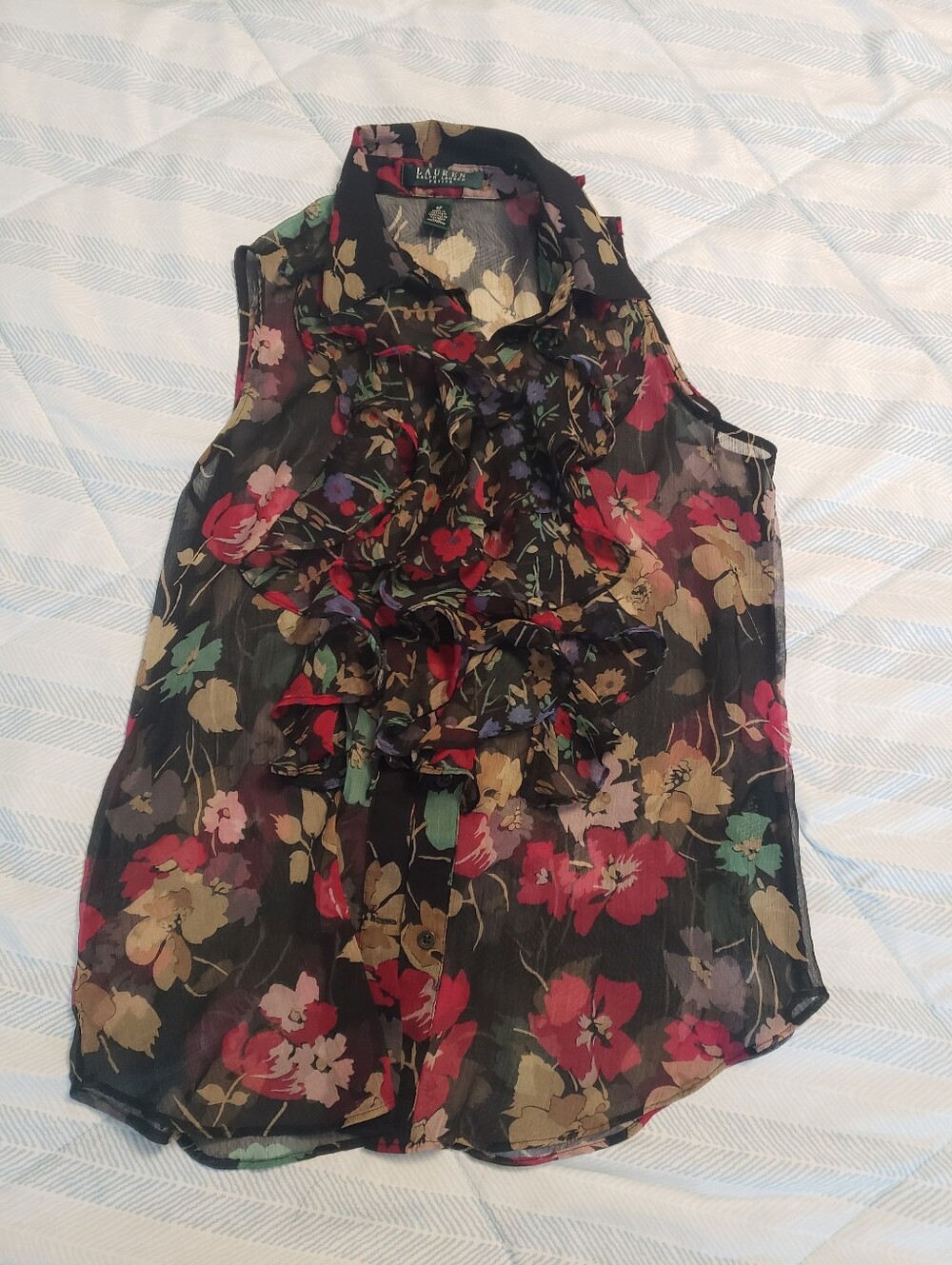 Ralph Lauren Black Sheer Floral Ruffle blouse
